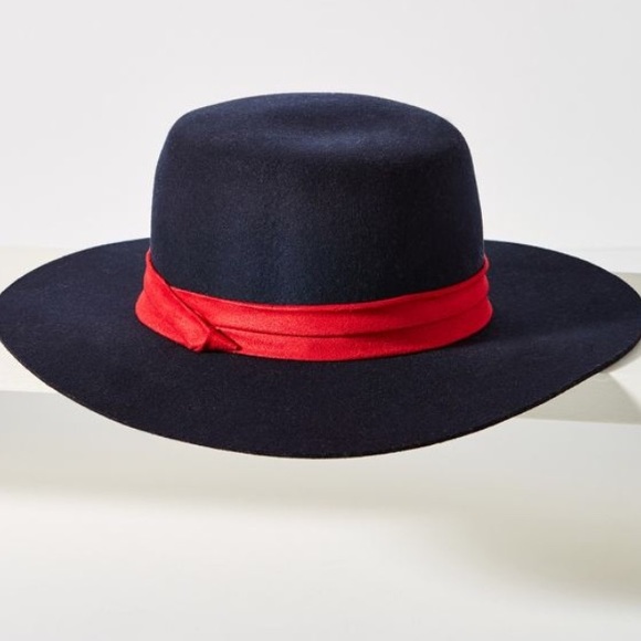 Anthropologie Accessories - Anthropologie Navy Suede Rimmed Red Boater Hat
